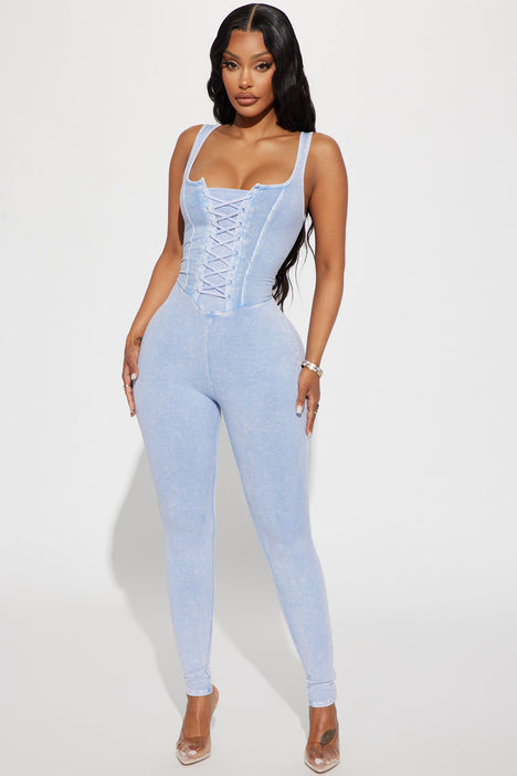 Tie Me Right Ribbed Jumpsuit Blue