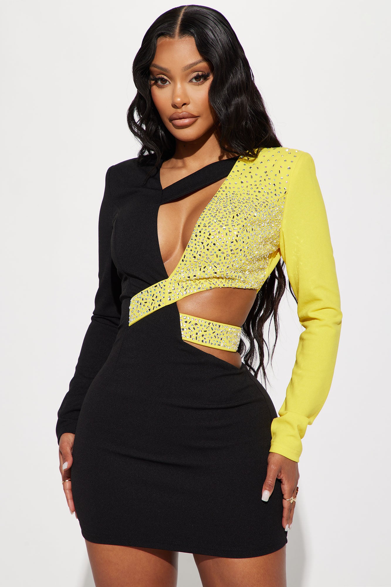 Velour Glam Blazer Mini Dress Black Yellow