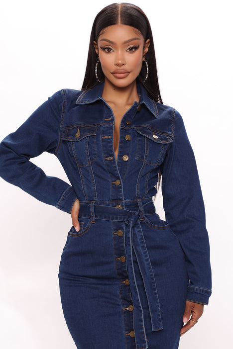 Set For Life Denim Midi Dress Dark Wash