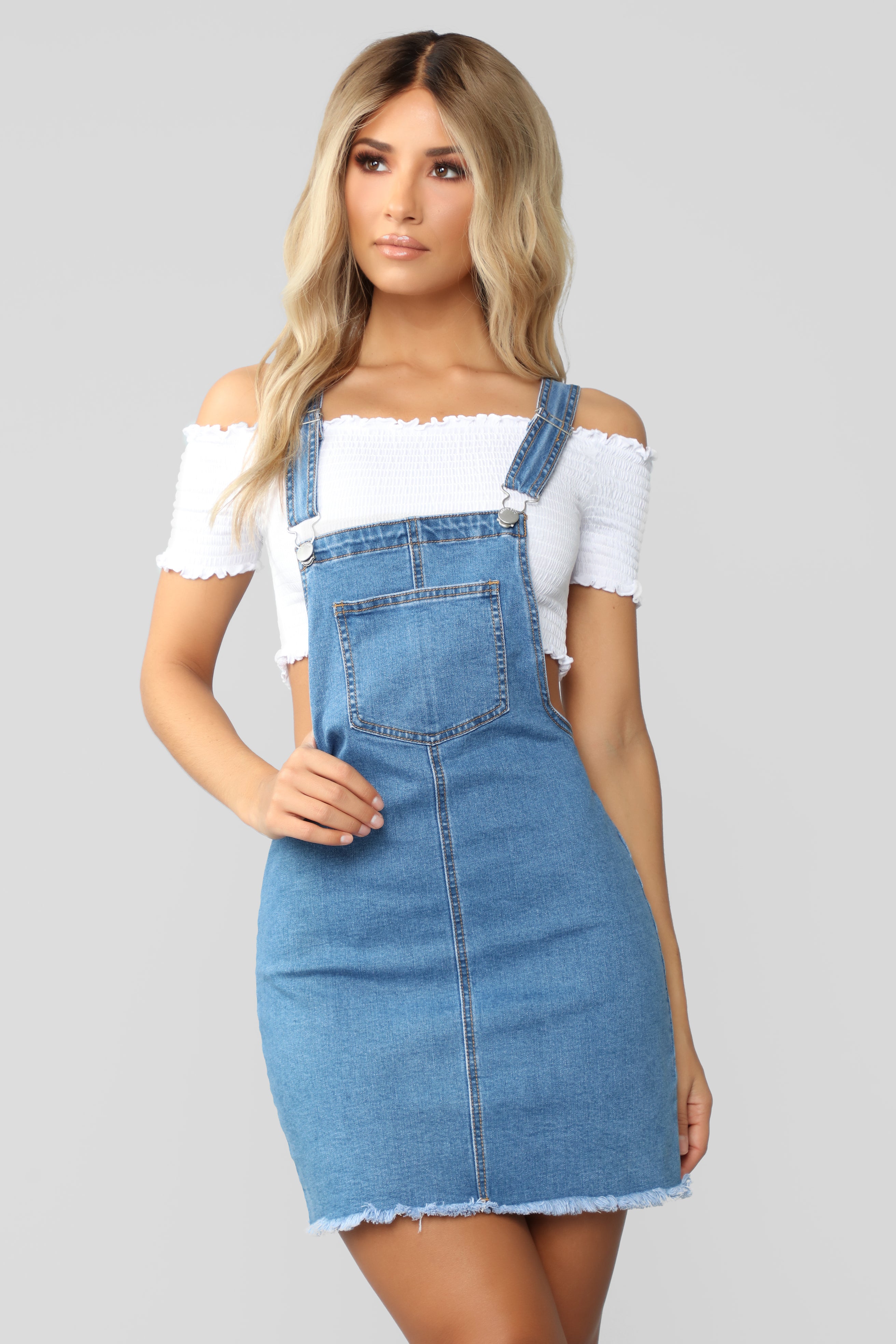 Buckle Up Denim Overall Mini Dress - Medium Wash