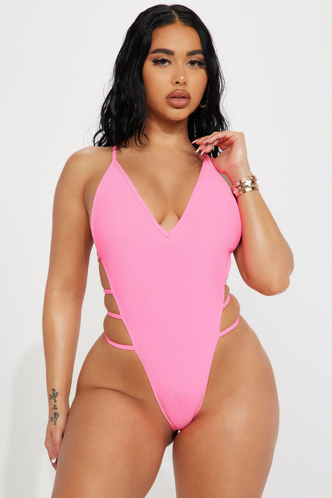 Summer Songs Ribbed Strappy 1 Piece Swimsuit Neon Pink Fashion