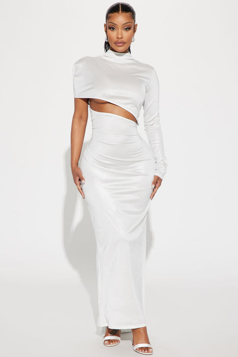White metallic dress shop