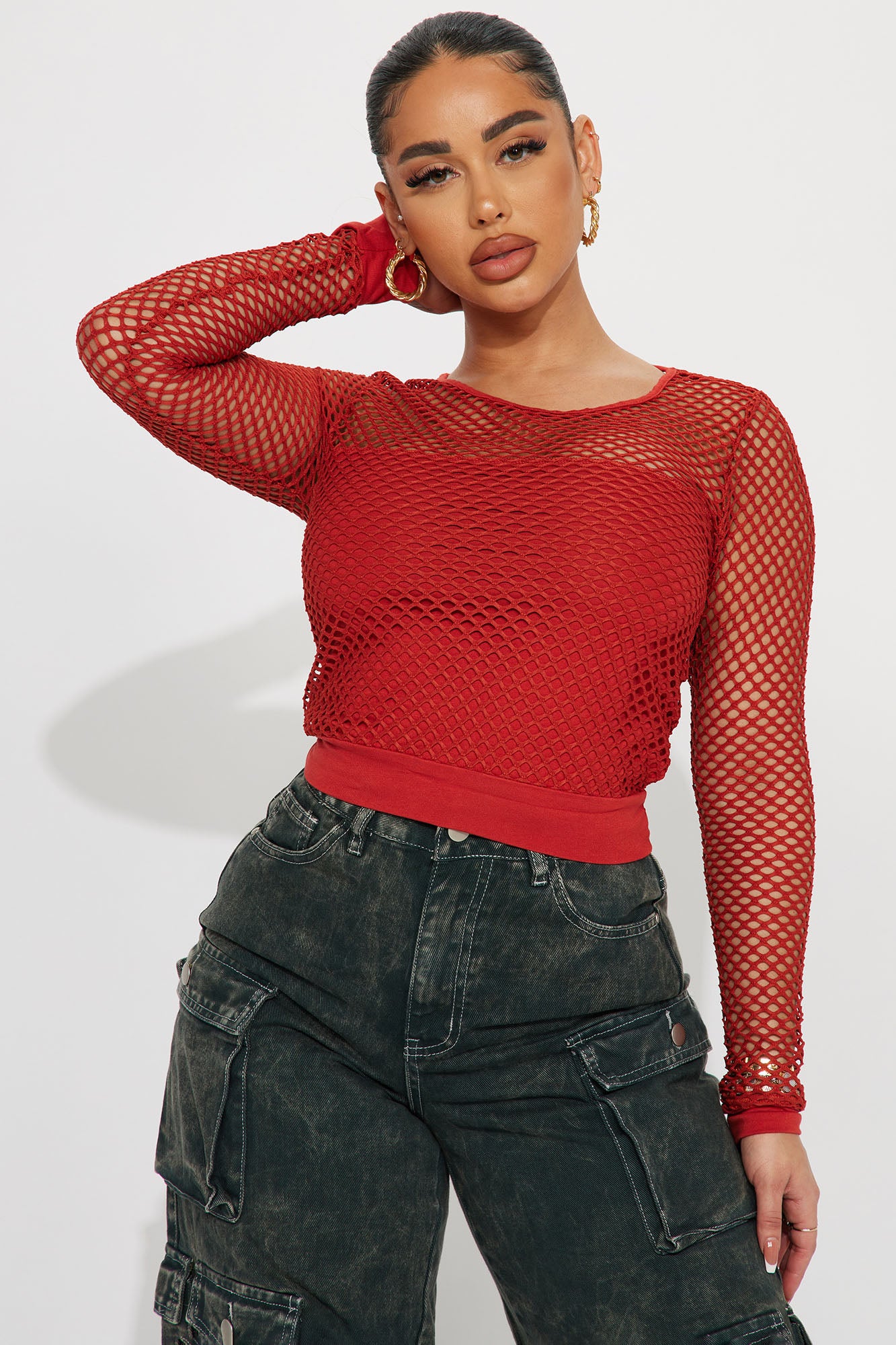 Red fishnet sale crop top