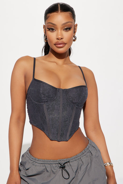 Brunch With Me Lace Corset Top - Charcoal