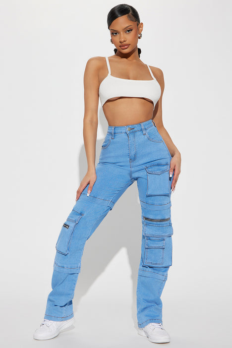 In Sync Stretch Cargo Jeans - Light Wash, Fashion Nova, Jeans