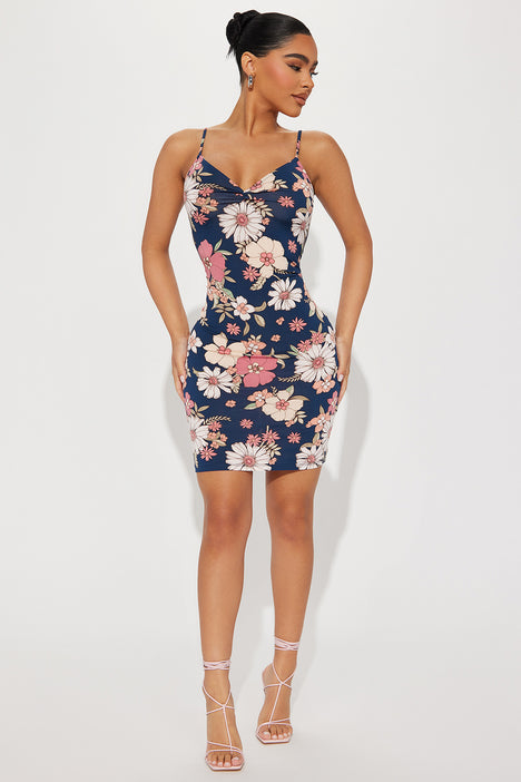 Navy blue floral bodycon hot sale dress