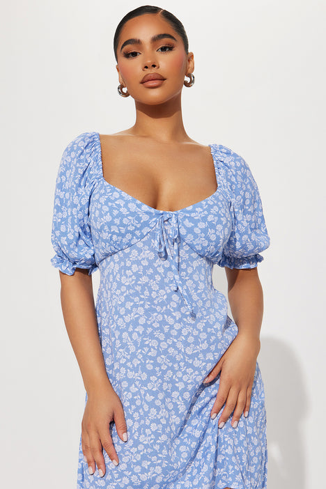 Floral Puff Sleeve Mini Dress Blue