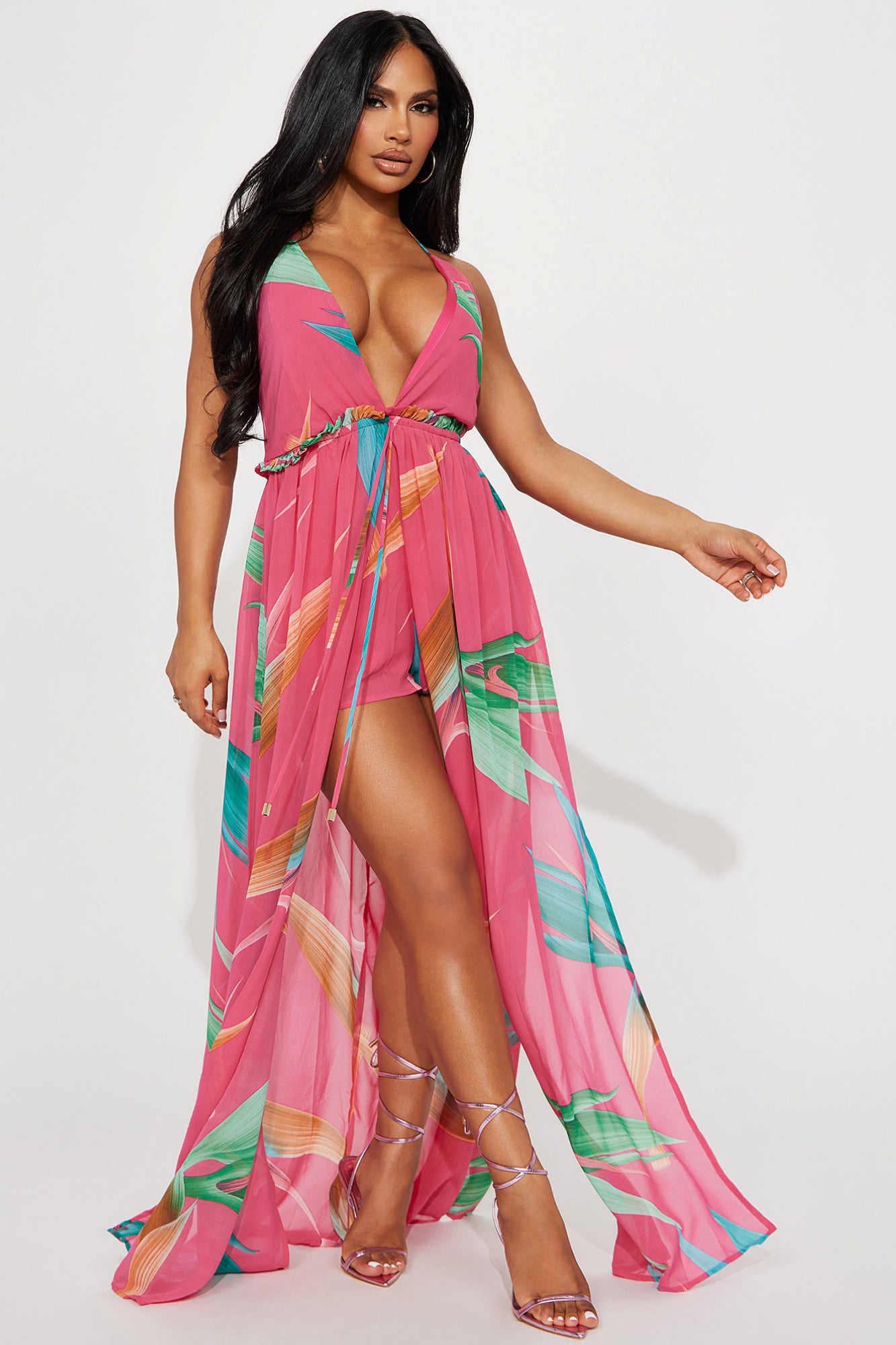 Time Off Tropical Romper Pink combo Fashion Nova Rompers