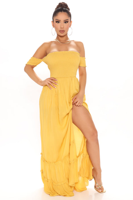 Mustard off the shoulder maxi dress hotsell