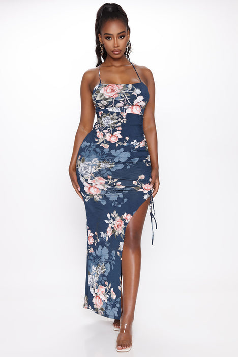 All My Florals Ruched Maxi Dress Navy