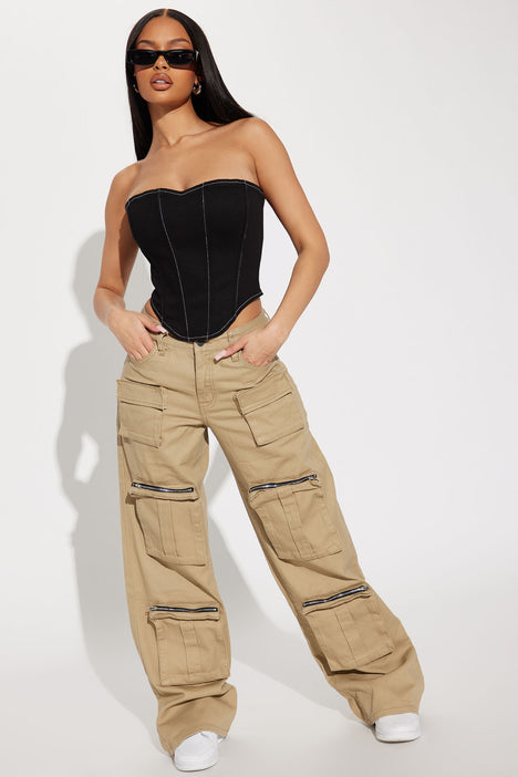 Starting Strong Wide Leg Non Stretch Cargo Jeans - Khaki