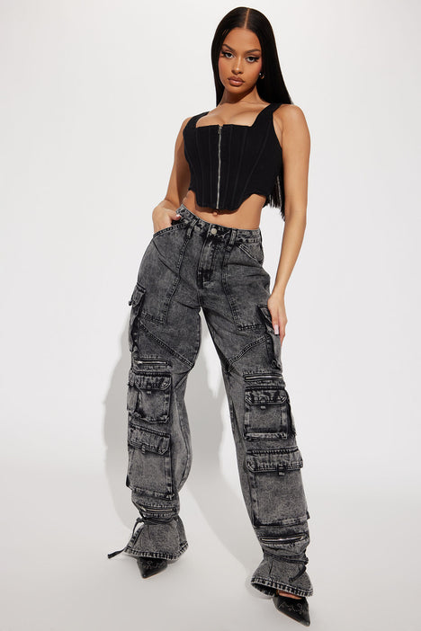 High Waisted Boucle Denim Cargo Pants - Mid Blue | Manière De Voir USA