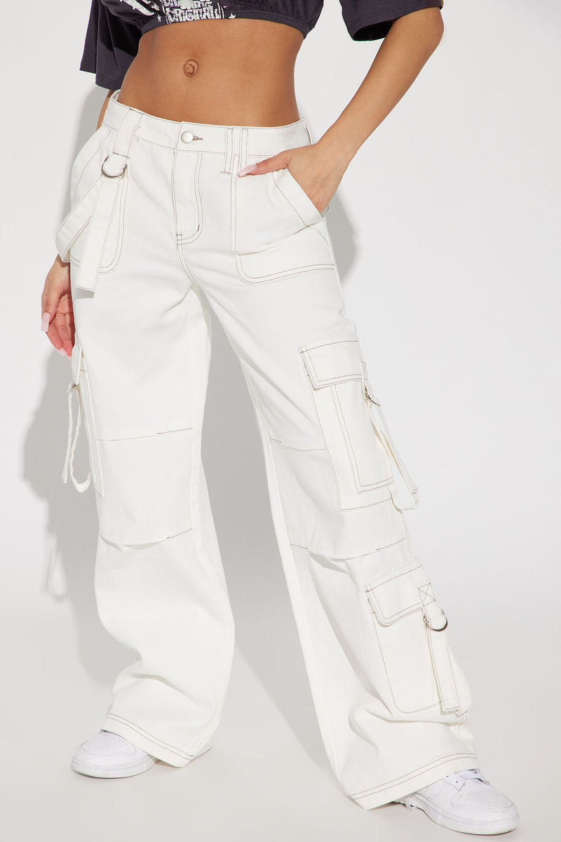 One And Only Strappy Non Stretch Cargo Jeans - White | Fashion Nova ...