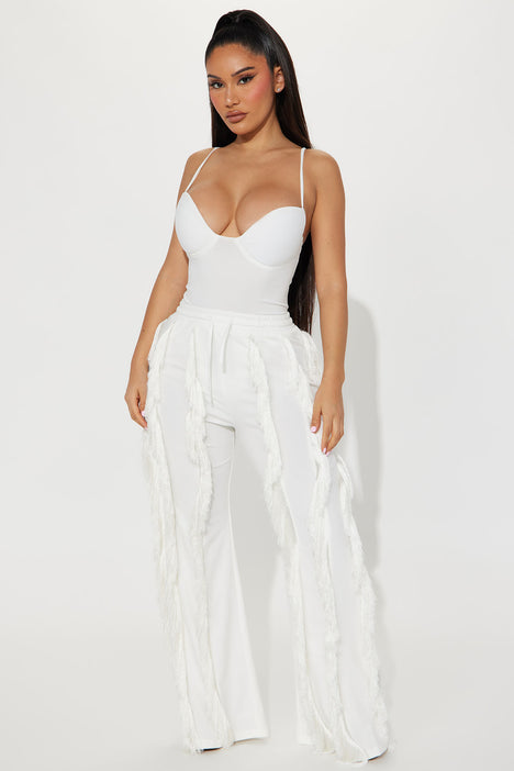 White pants on sale with fringe bottom