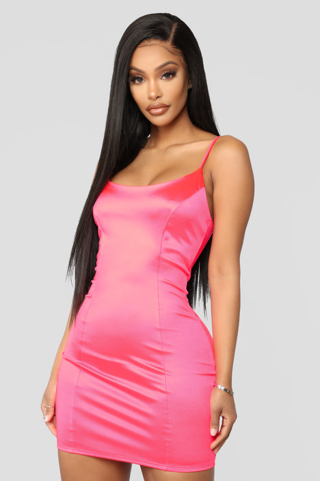 So Smooth Satin Mini Dress Neon Pink