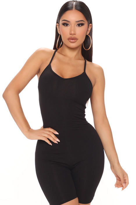 Amber Strappy Biker Short Romper Black Fashion Nova Rompers