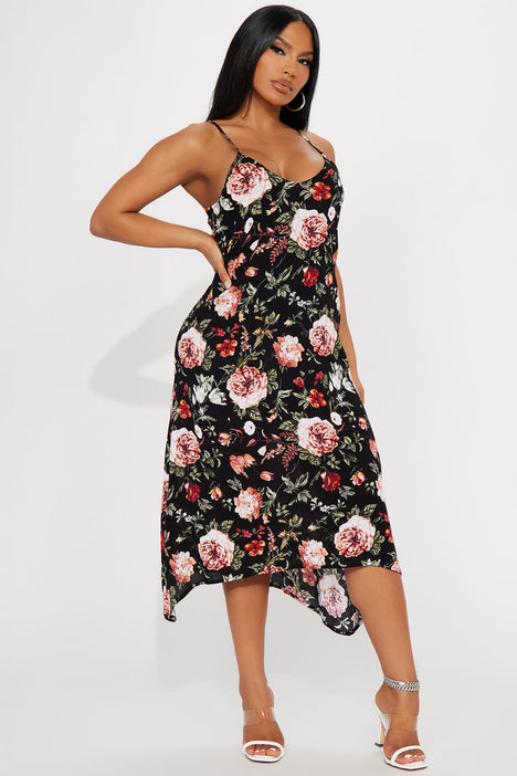Floral Spaghetti Straps Midi Dress Black