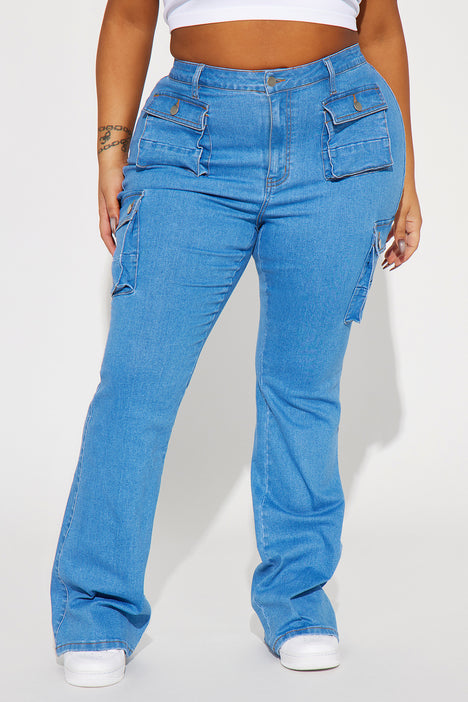 Late Nights Mid Rise Cargo Flare Jeans - Medium Blue Wash | Fashion Nova,  Jeans | Fashion Nova