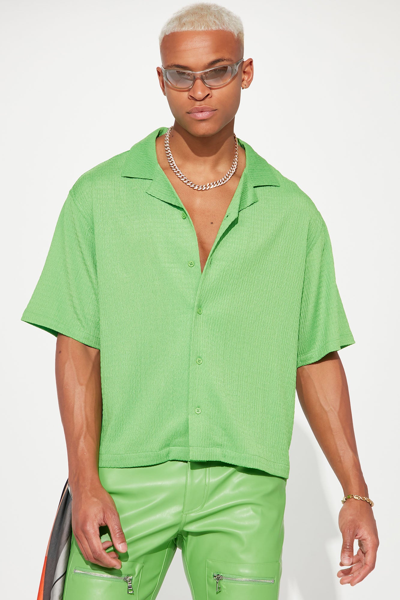 You Can Feel It Textured Short Sleeve Button Up Green Fashion