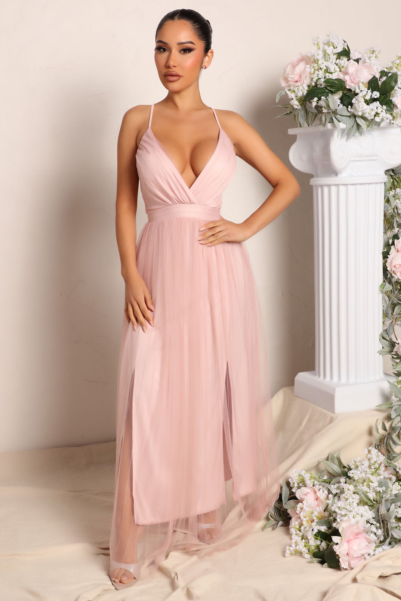 Mesh Overlay Maxi Dress Blush