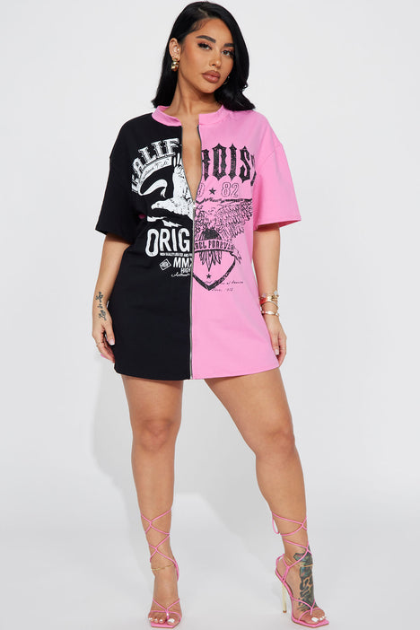 Pink and black shirt dress sales