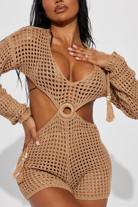 By The Cove Crochet Cover Up Romper Mocha