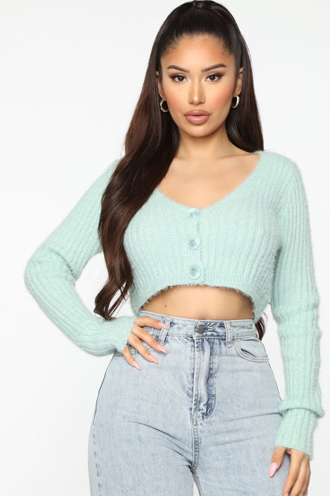 Premium Fuzzy Cropped Cardigan - Sage