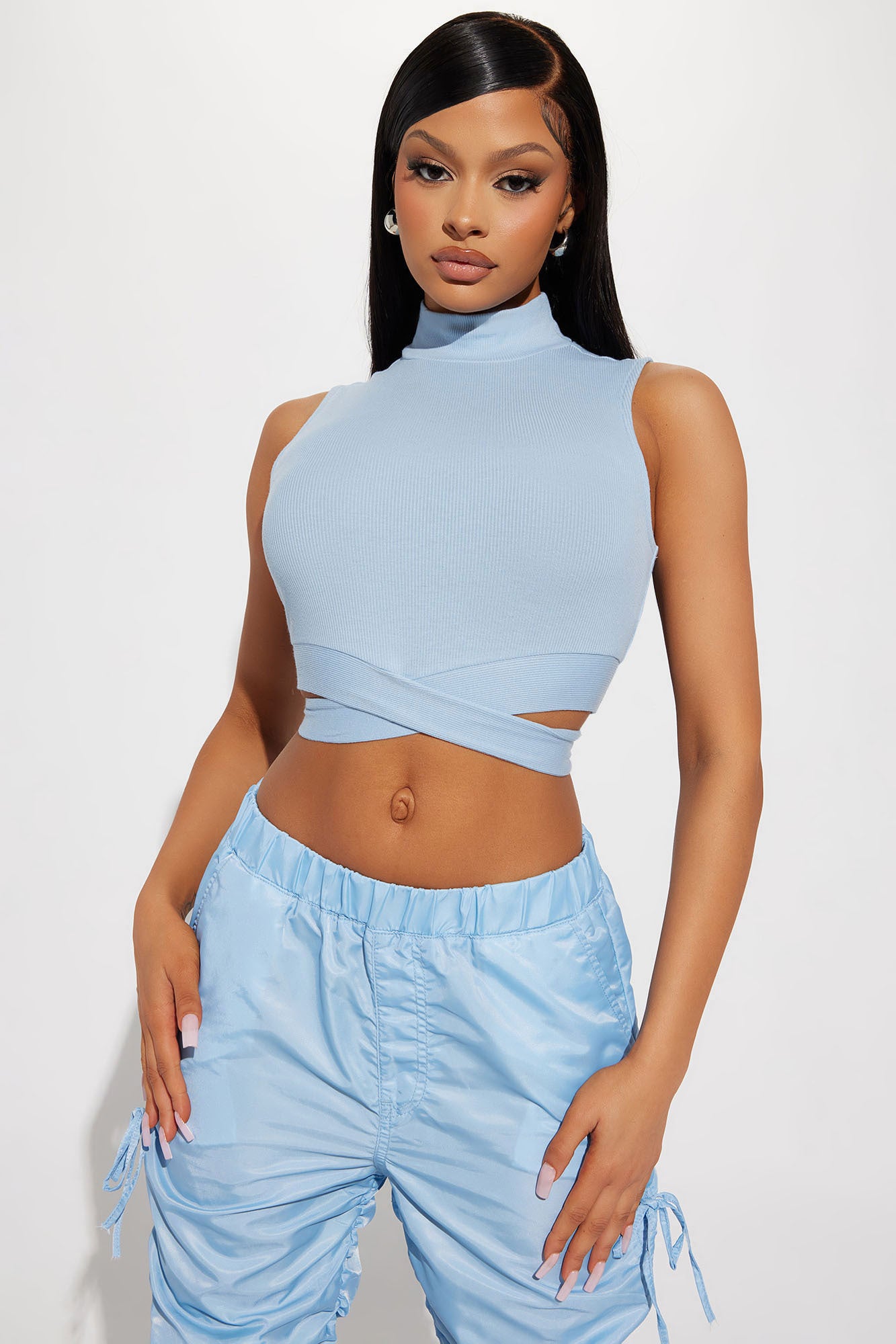 Brooke Mock Neck Top Light Blue Fashion Nova Basic Tops