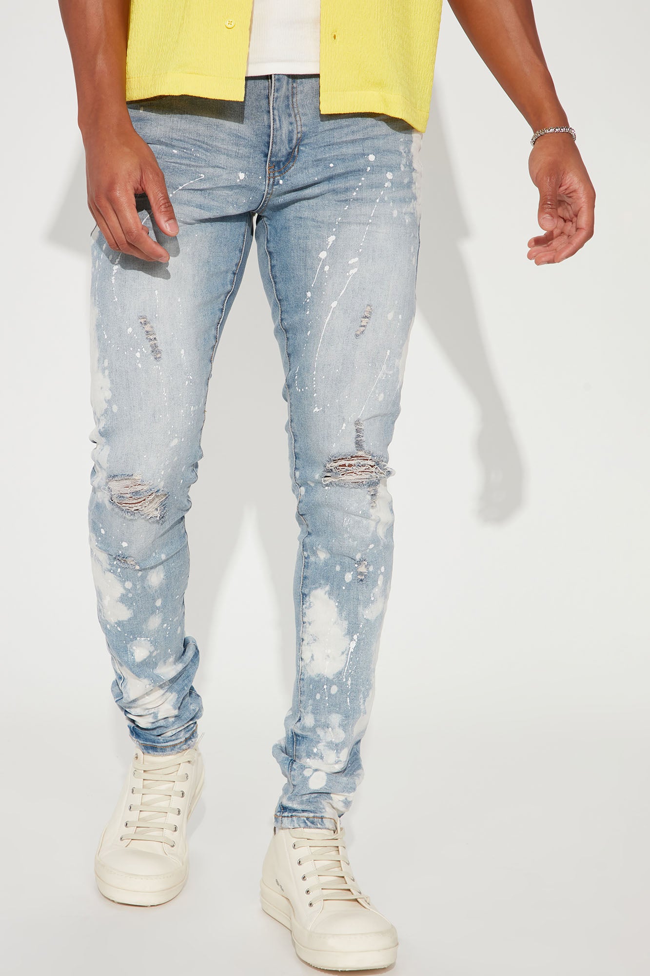 Bleach Spotted Ripped Knee Stacked Skinny Jeans - Light Wash, Fashion  Nova, Mens Jeans