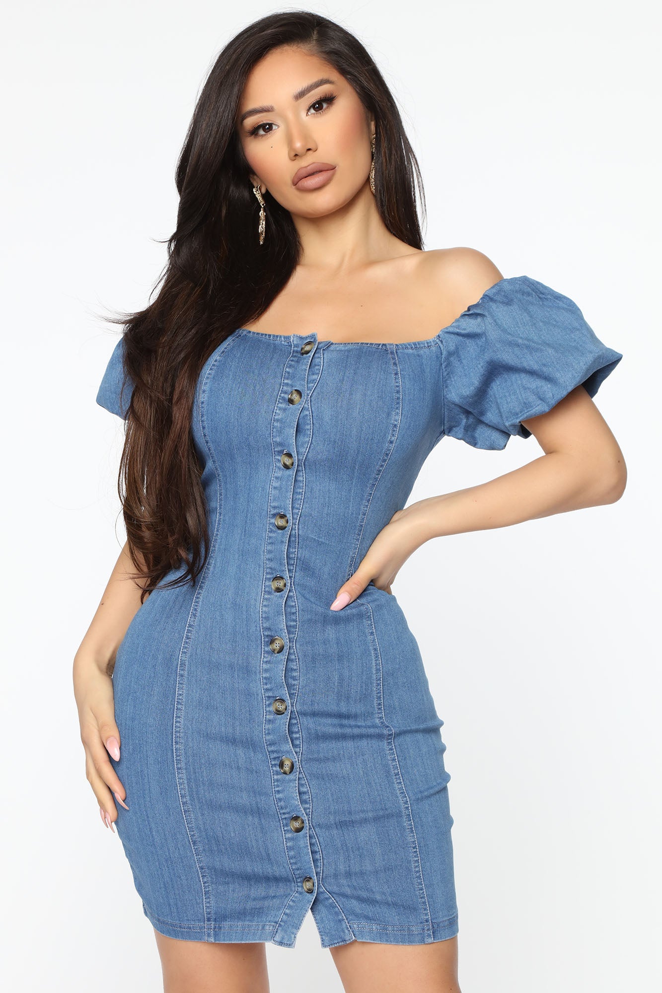 Off the shoulder on sale denim dress fashion nova