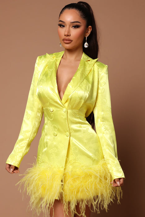 Brianna Feathered Blazer Dress Neon Yellow