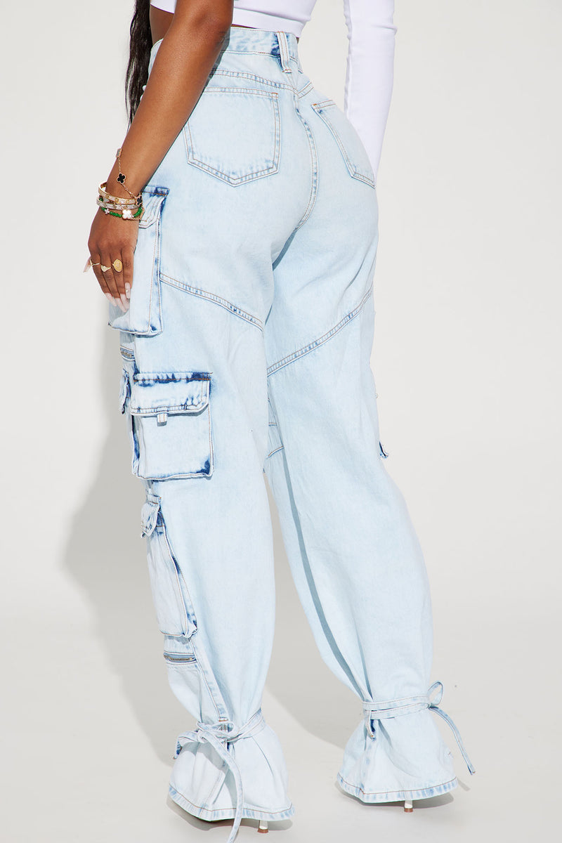 Ramp It Up Non Stretch Cargo Ankle Tie Jeans Light Wash Fashion