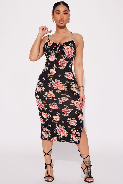 Floral Lace Up Midi Dress Black