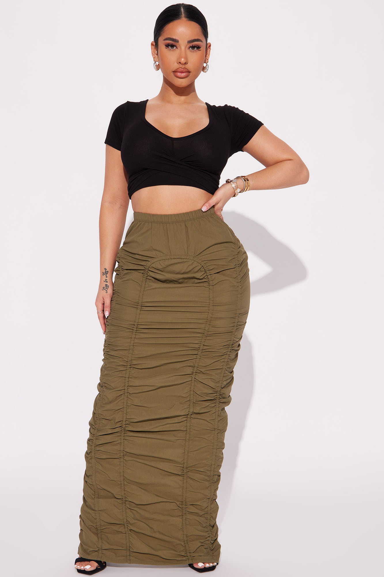 Anything Tight Ruched Maxi Skirt Olive Fashion Nova Skirts