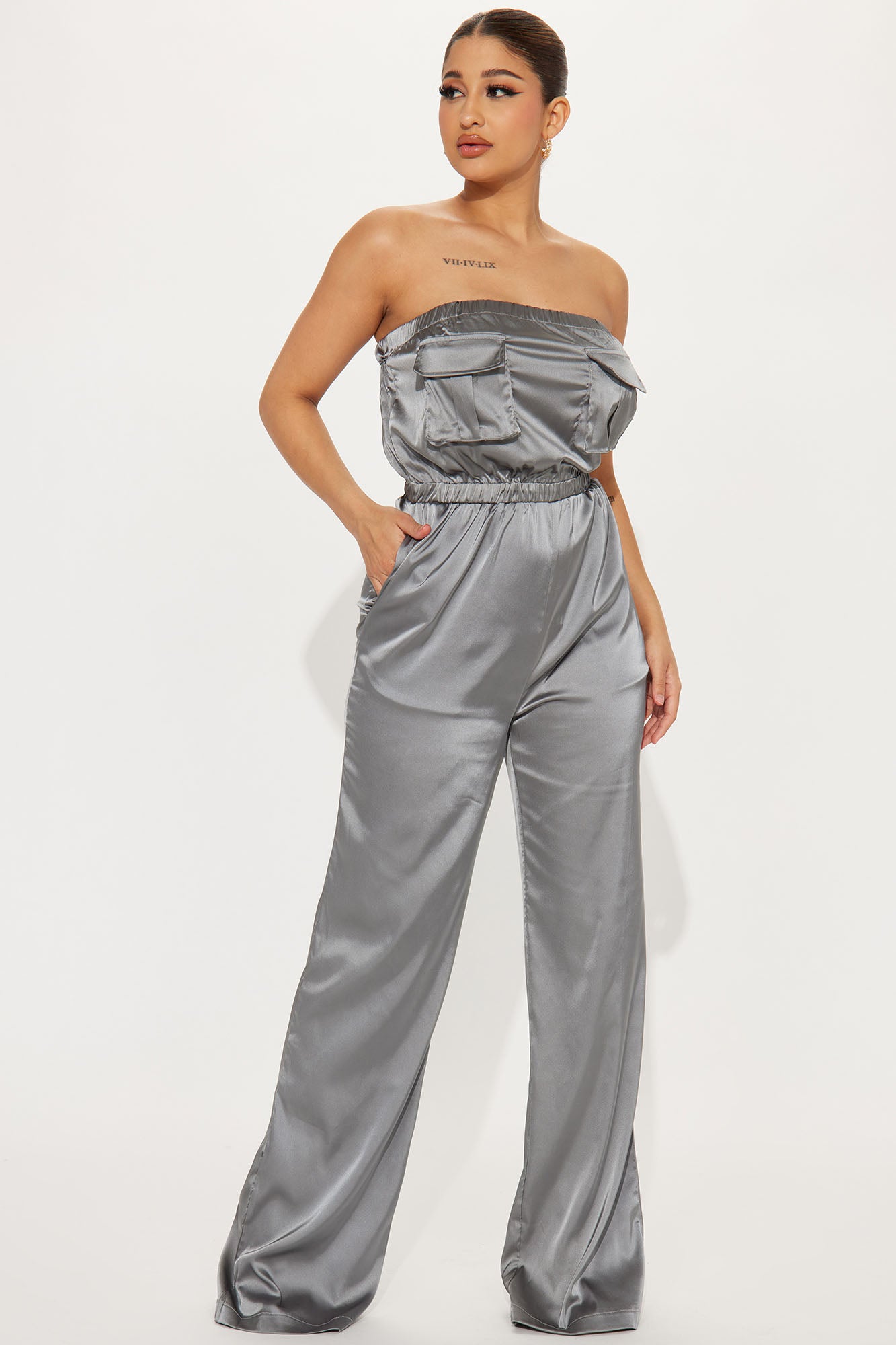 Alaina Satin Utility Jumpsuit Charcoal Fashion Nova Jumpsuits