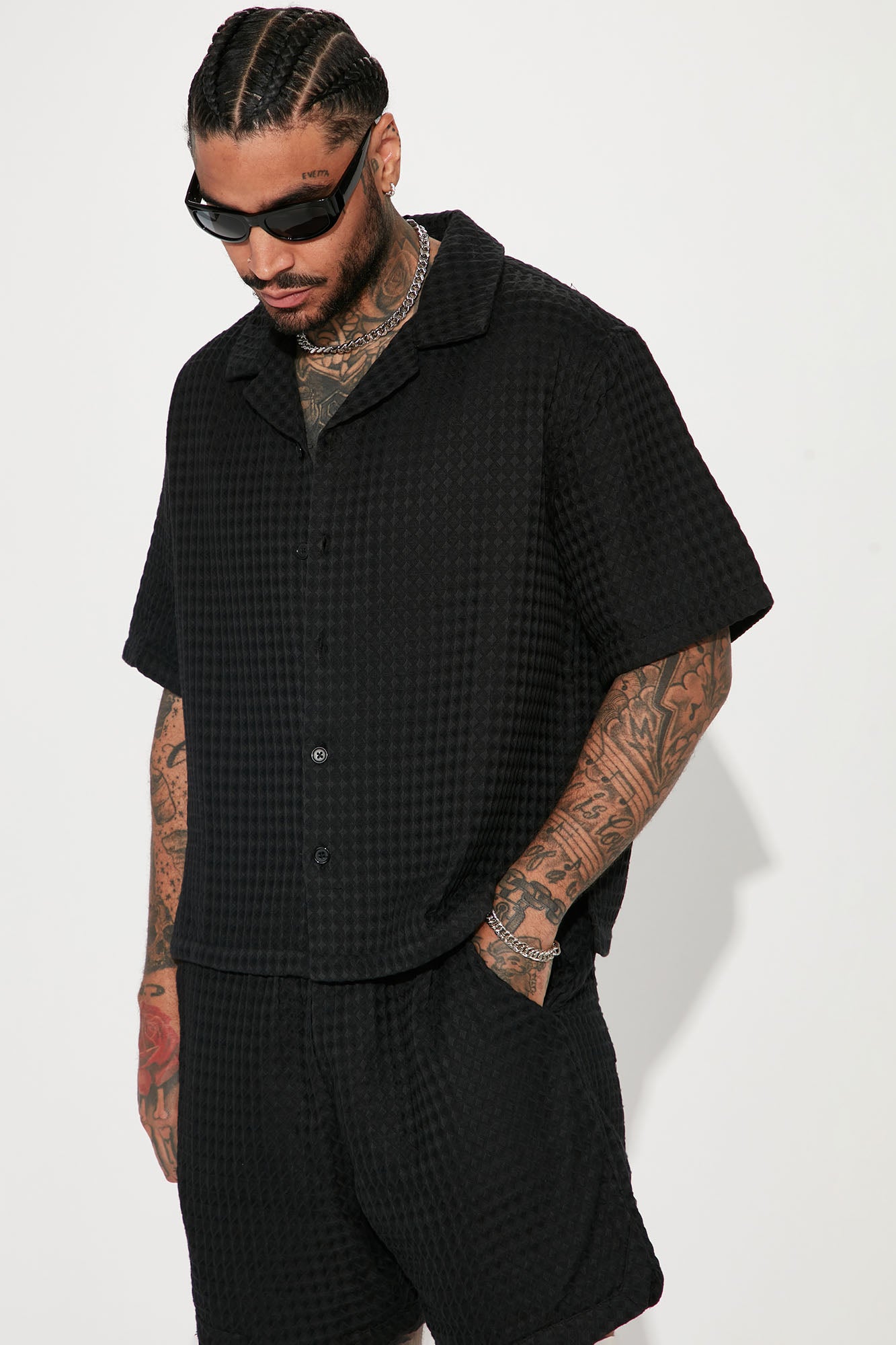Waffle Knit Textured Button Up Shirt Black Fashion Nova Mens