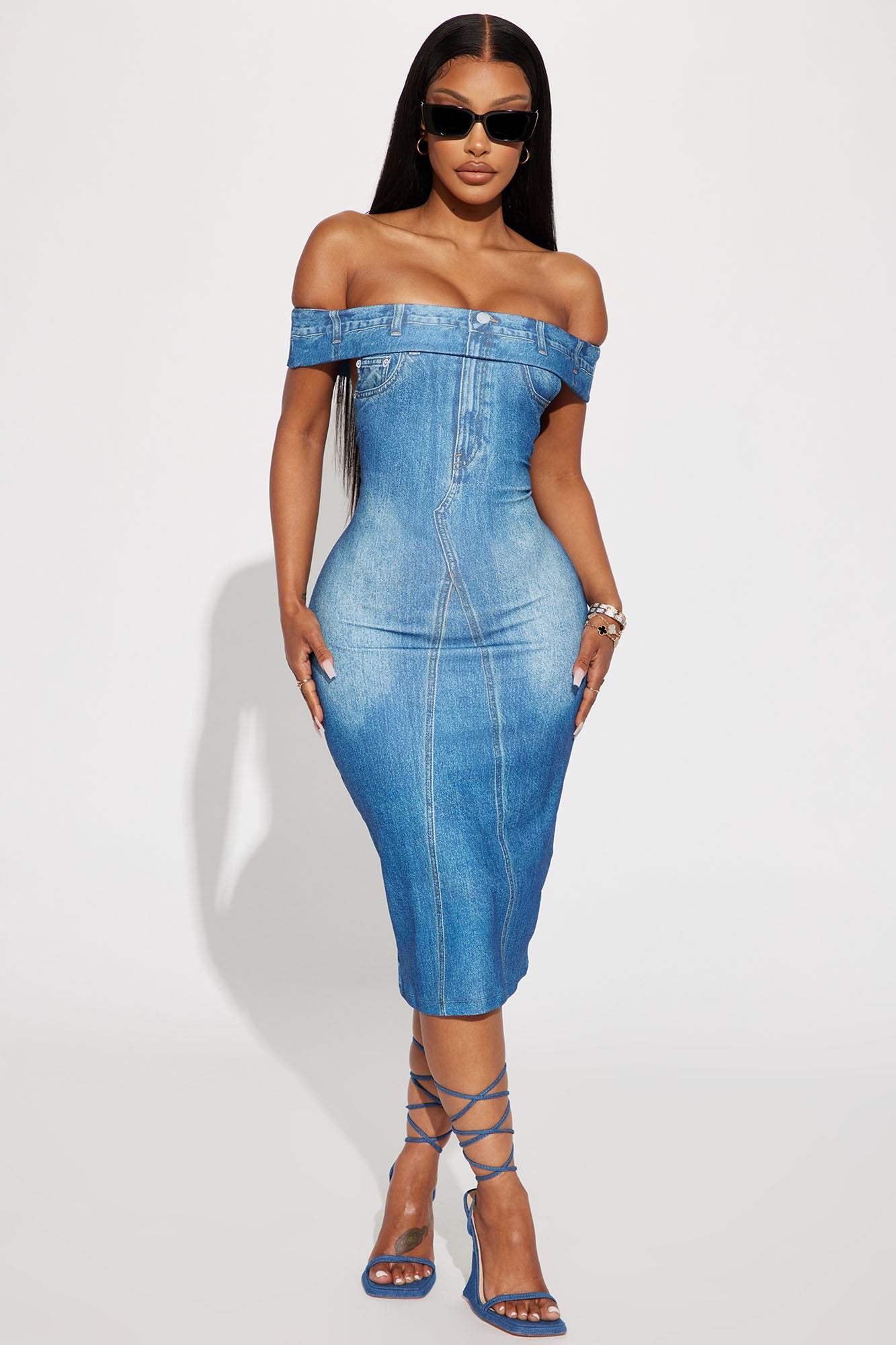 Off the shoulder on sale denim dress fashion nova