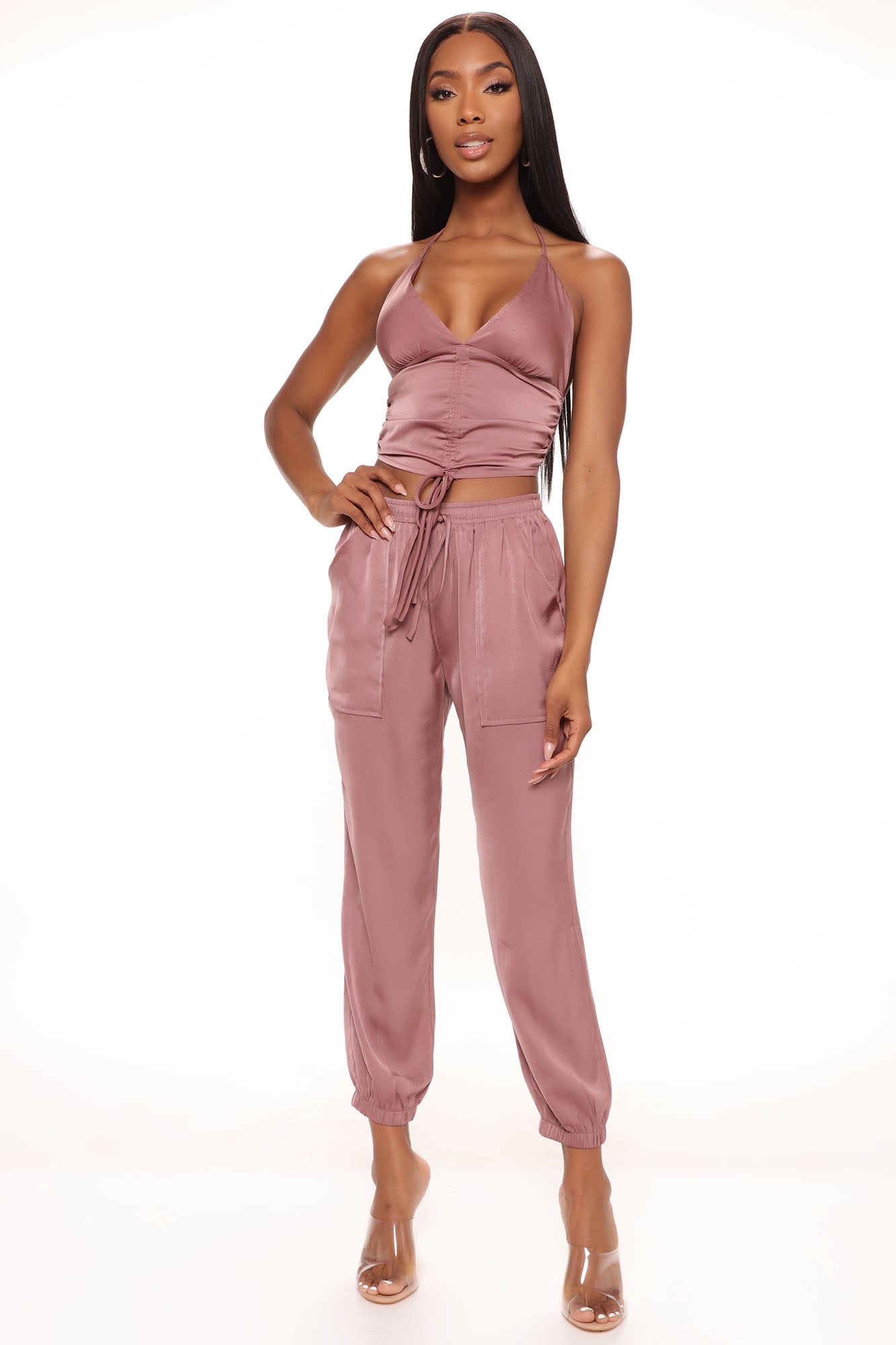 Rose gold satin joggers clearance