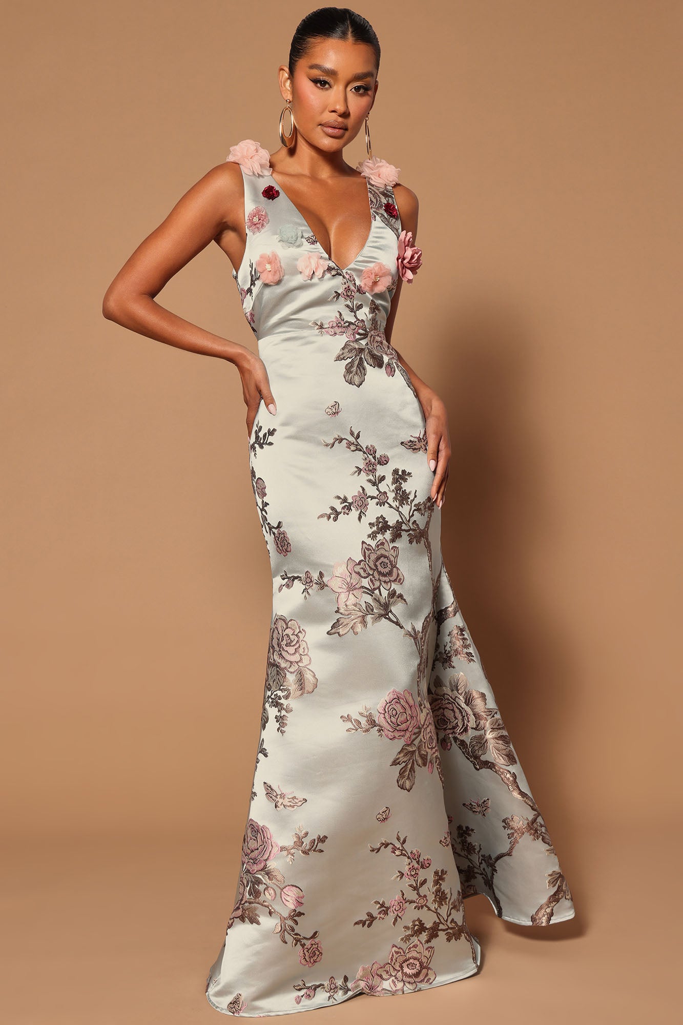 Sexy deep v collar embroidery shop floral printed fishtail maxi dress