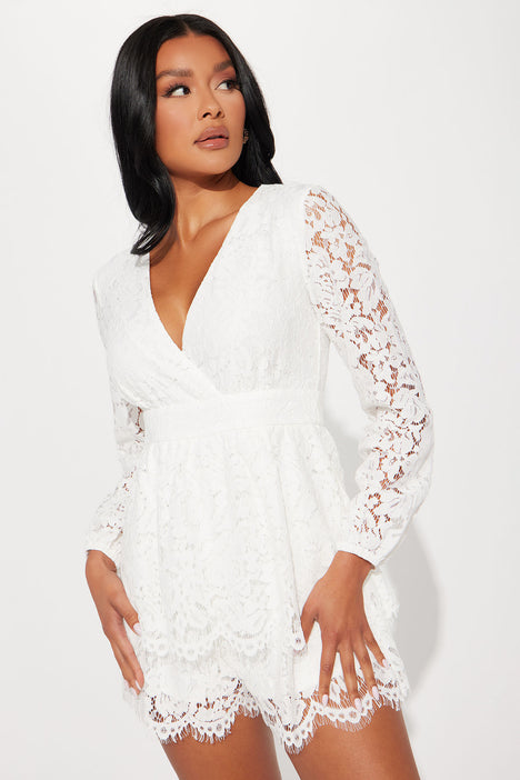 White lace romper long hot sale sleeve