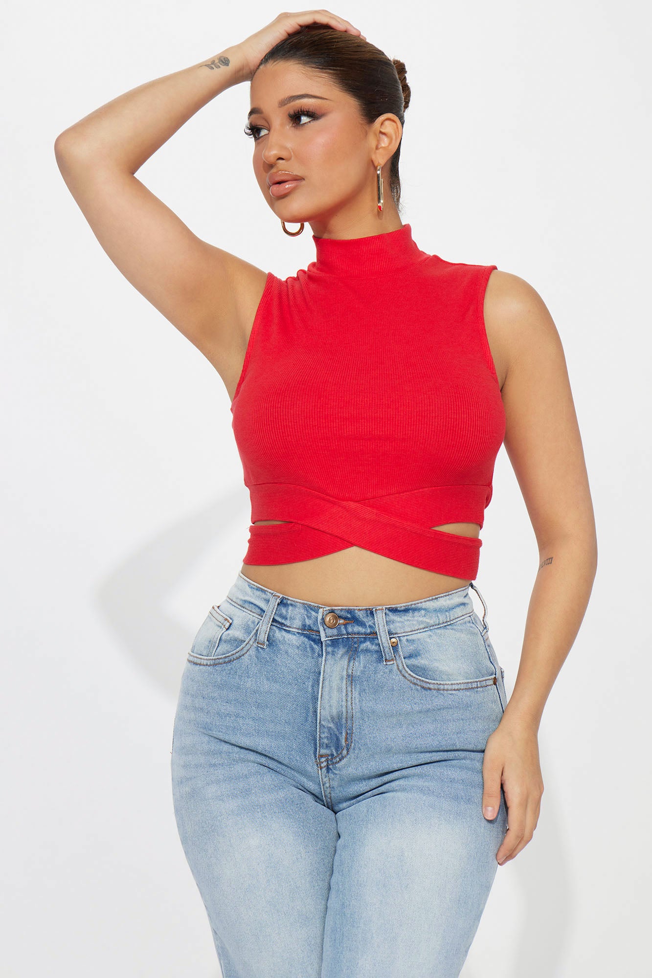 Red mock clearance neck top