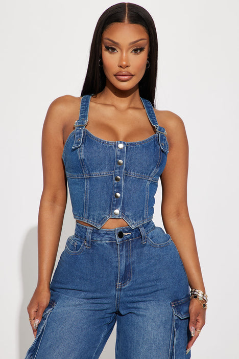 Wear Me Out Denim Corset Top Medium Blue Wash