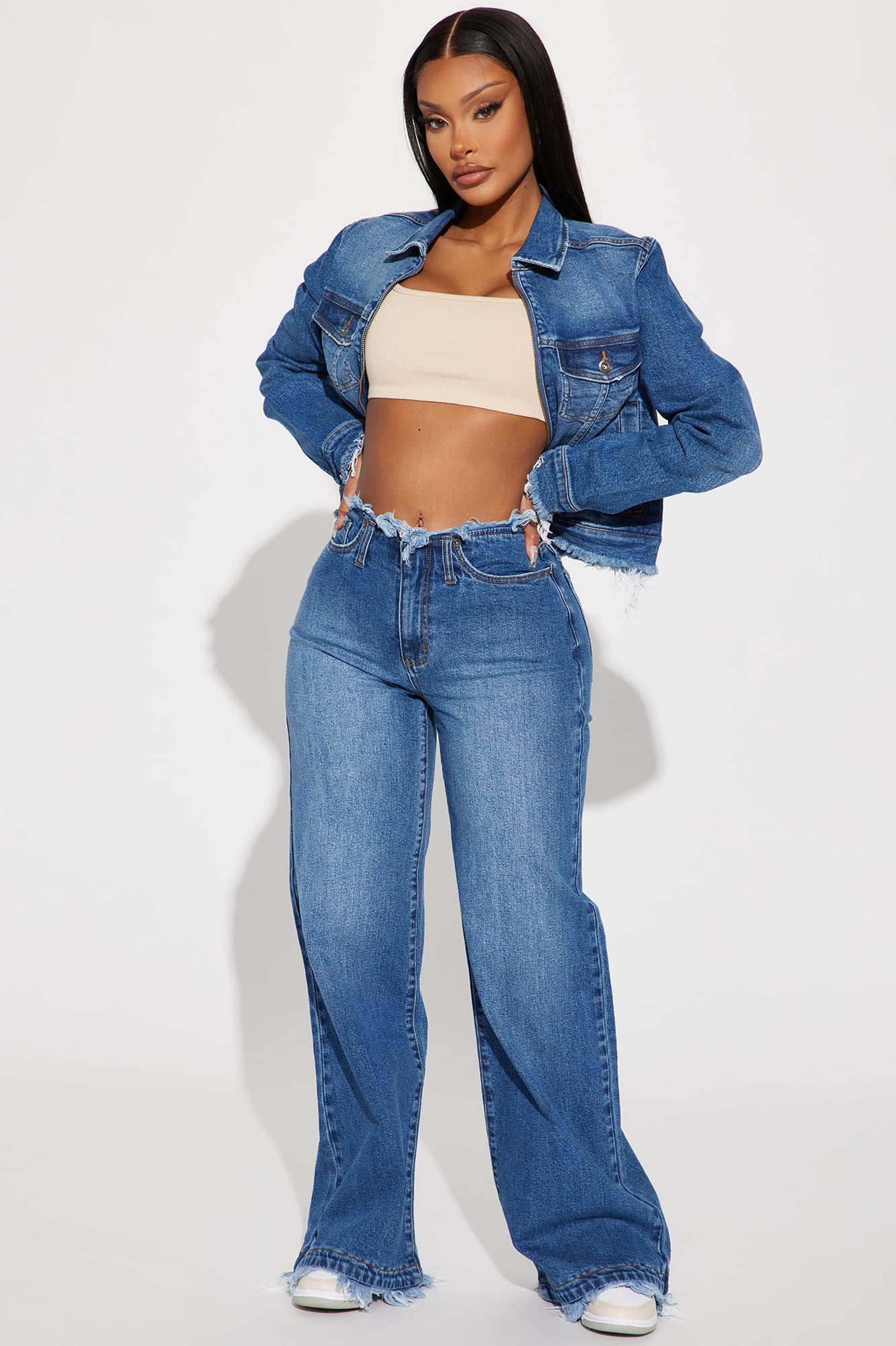 Come And Get It Cut Off Waistband Wide Leg Jean Medium Wash