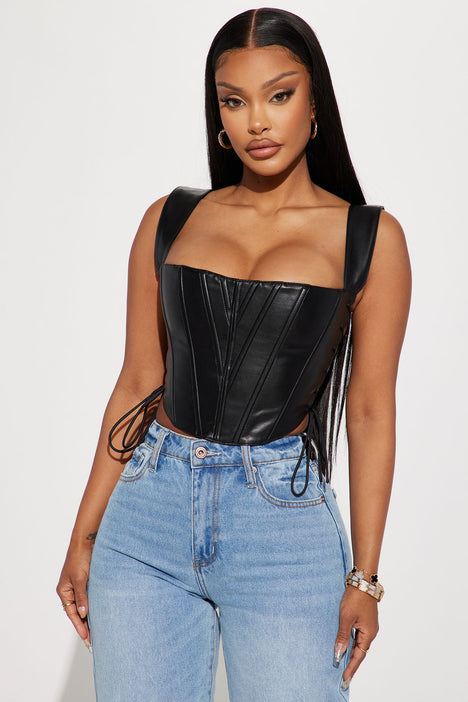 Side Struttin' Faux Leather Corset Top - Black