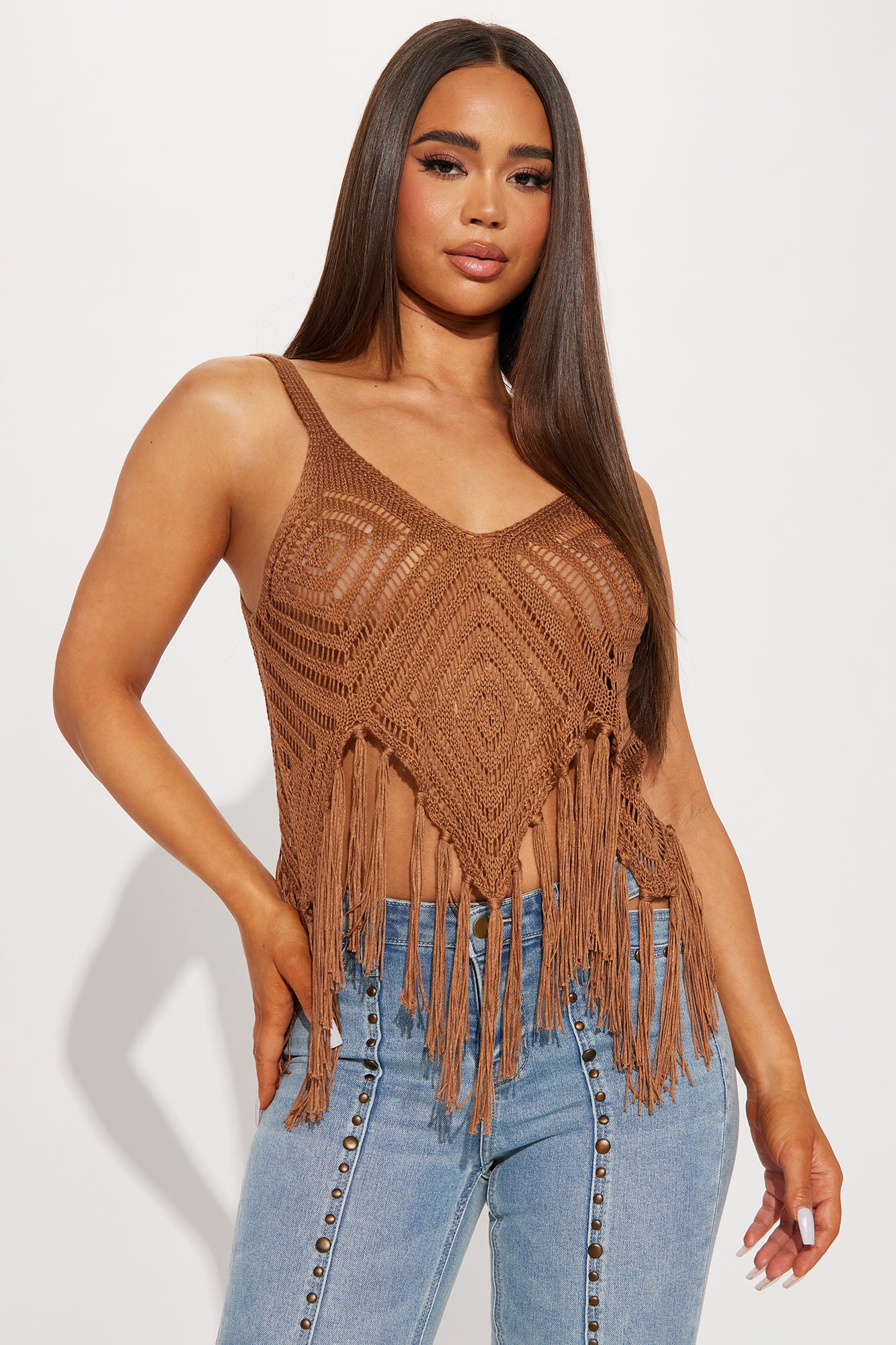 Running Wild Crochet Fringe Sweater Top Brown Fashion Nova