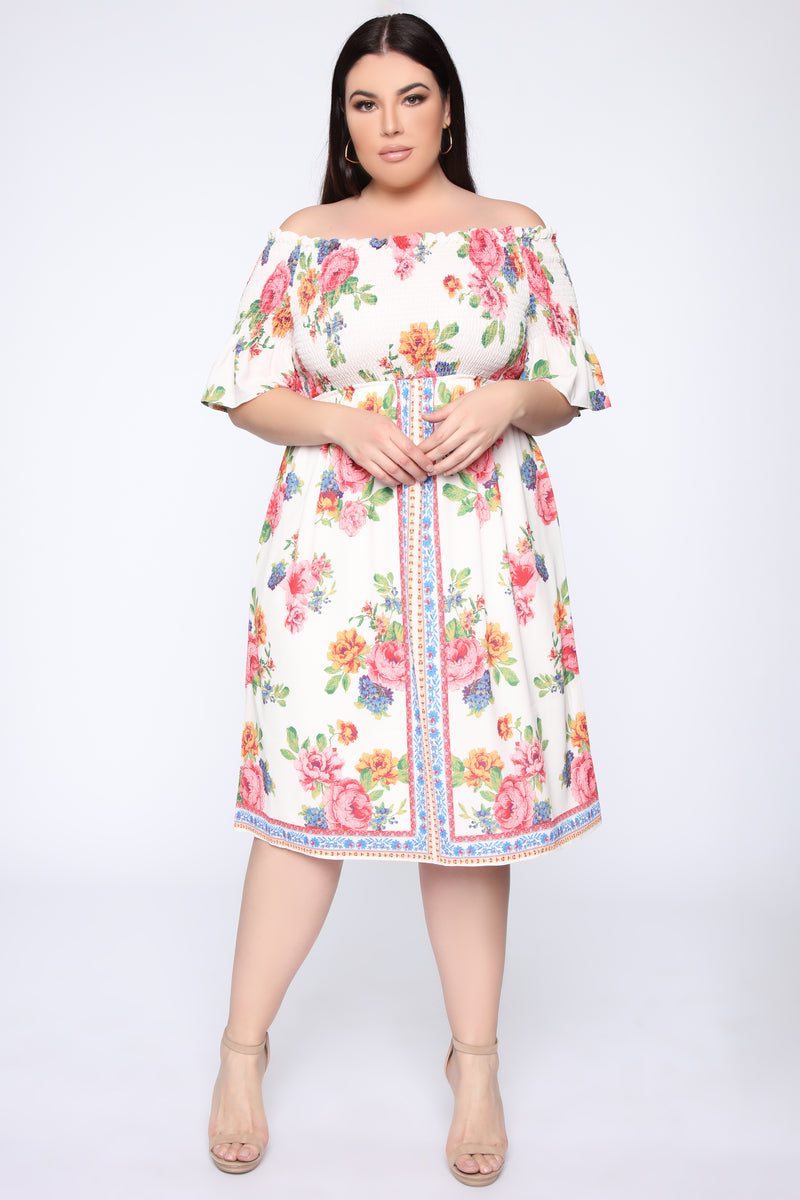 Fawn Off Shoulder Midi Dress - Ivory/Multi | Fashion Nova, Dresses ...