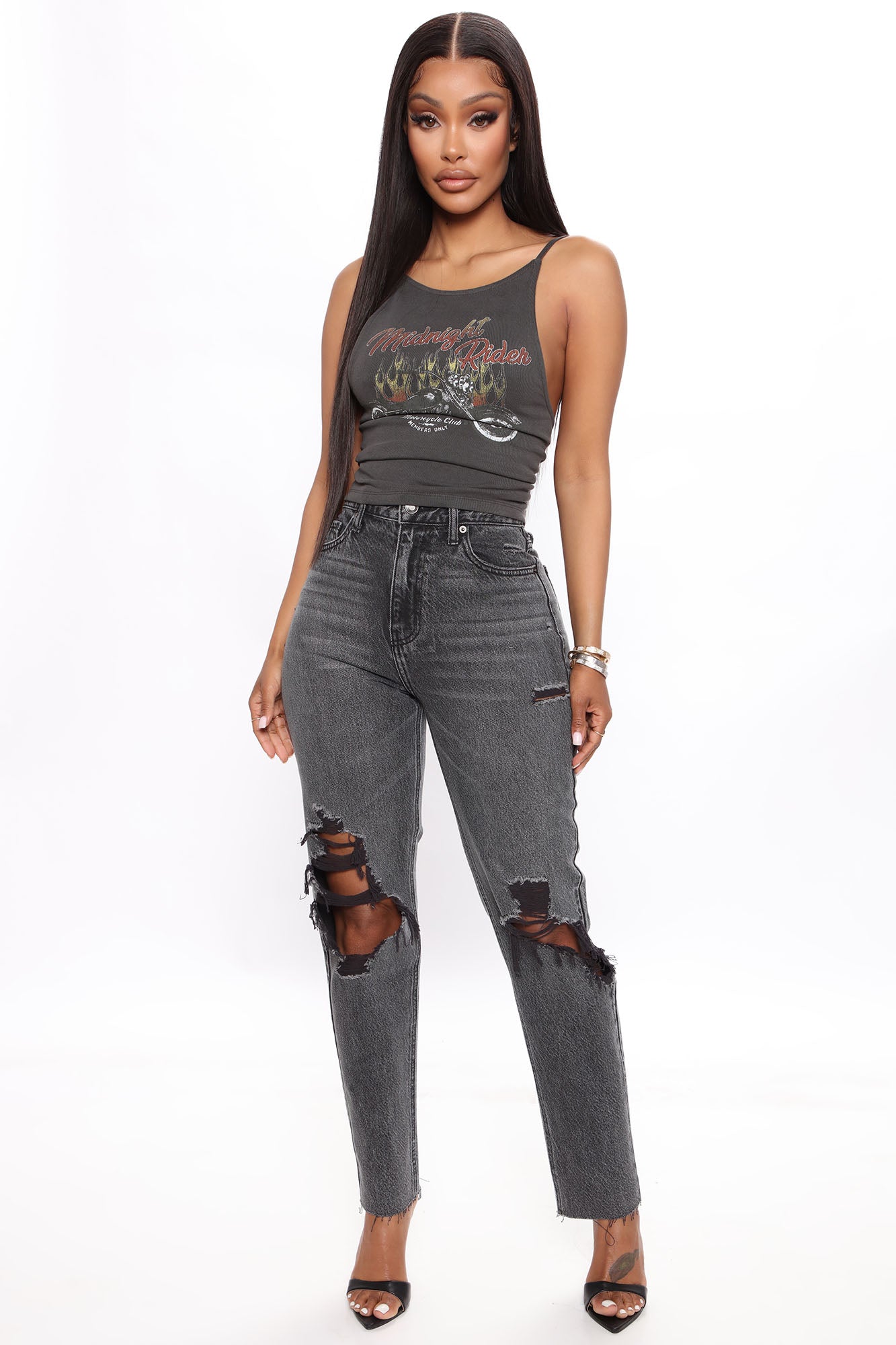 Destroyed black mom jeans top