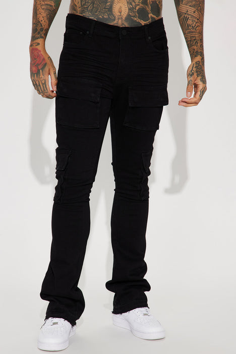 On The Rise Stacked Skinny Flare Cargo Jeans - Black, Fashion Nova, Mens  Jeans
