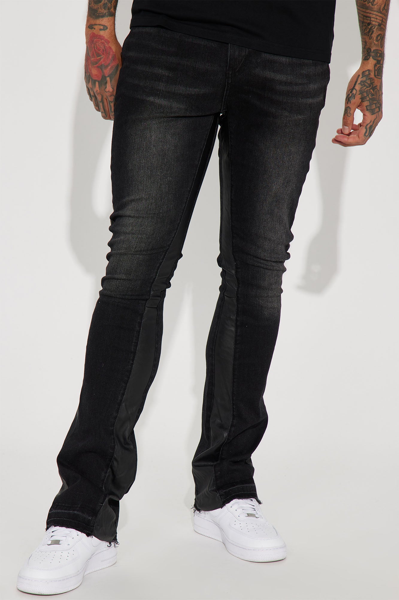 Leather Panel Stacked Skinny Flare Jeans Black