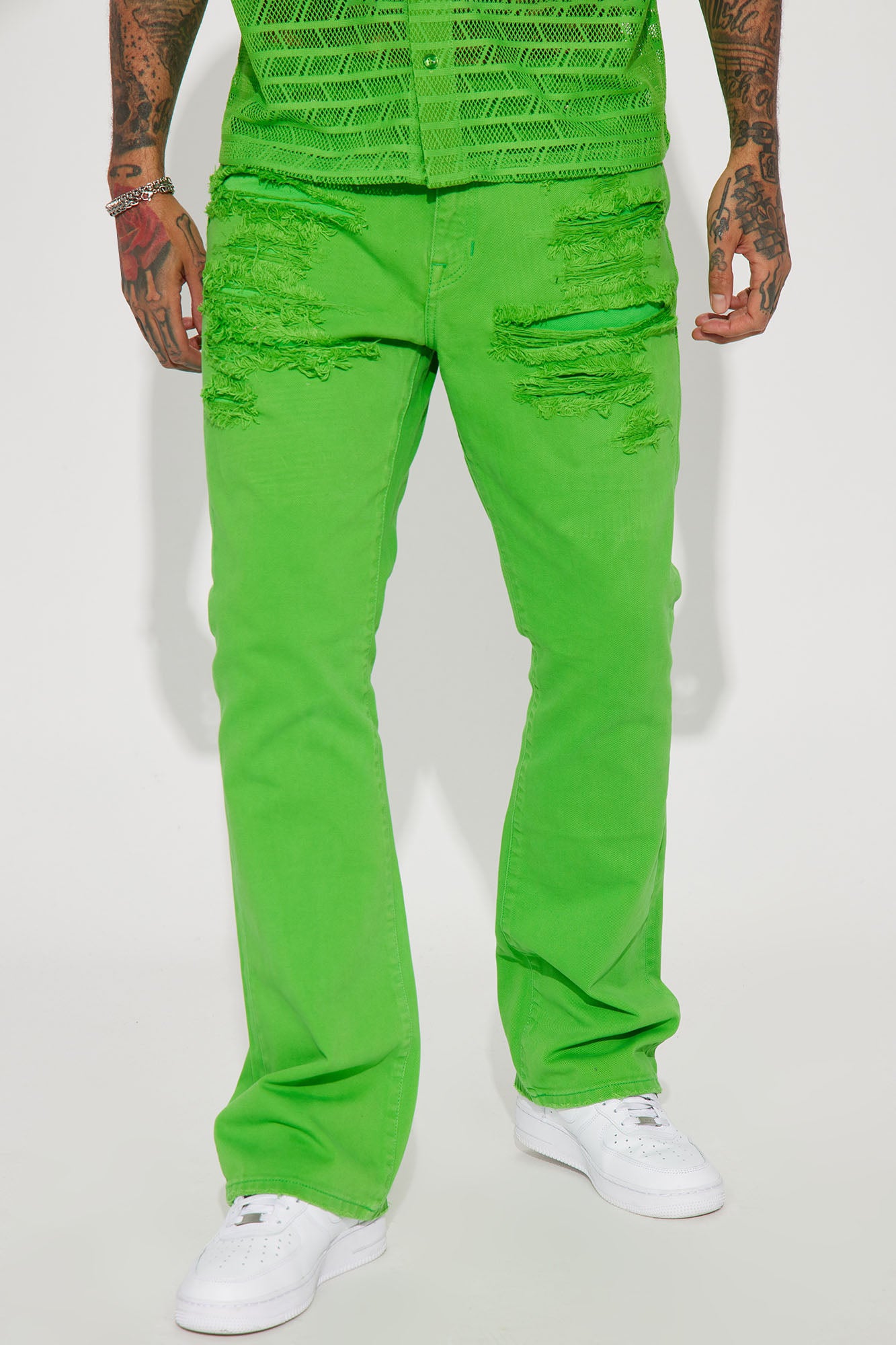 Alex Distressed Dyed Stacked Slim Flare Jeans Green
